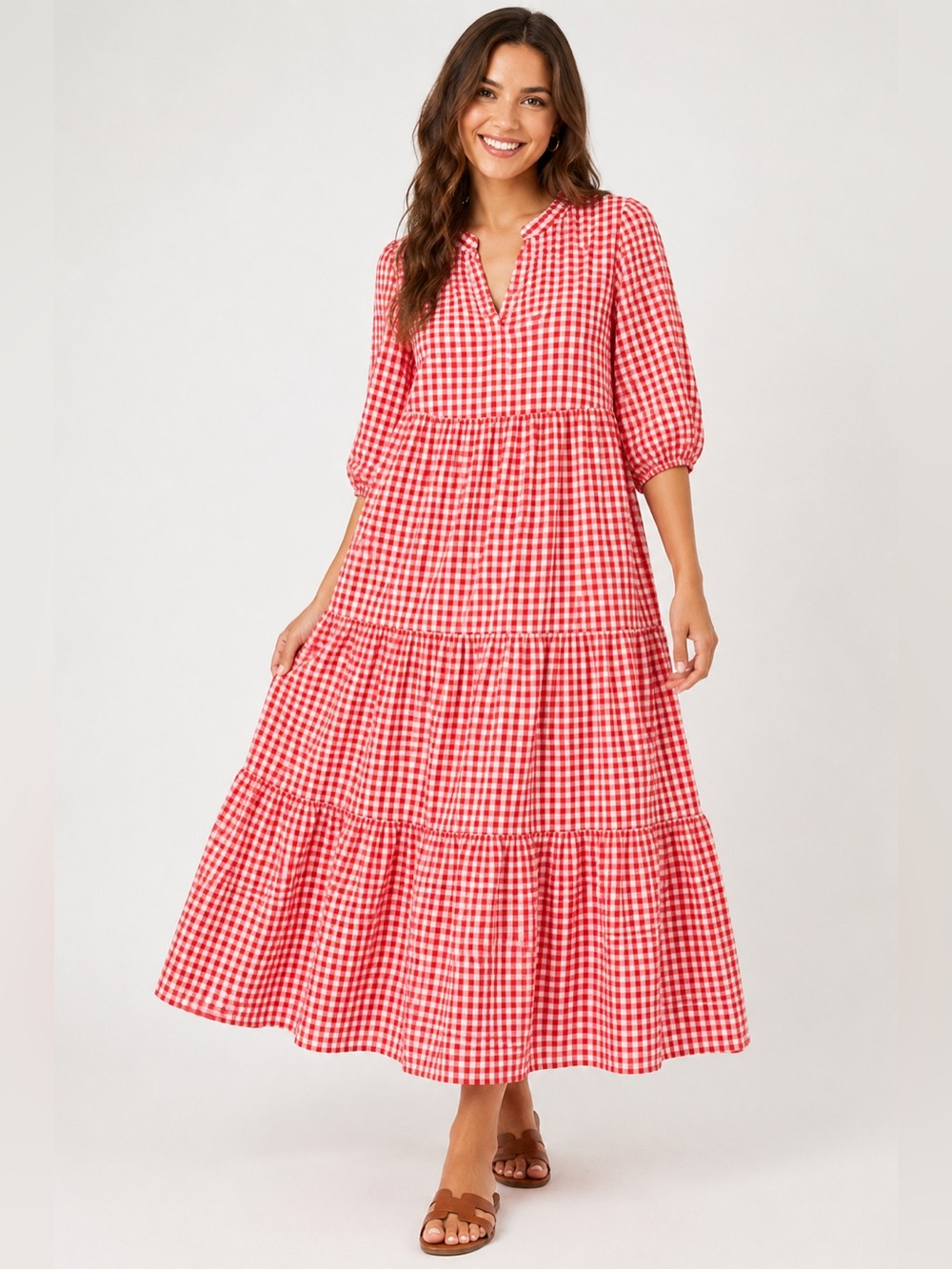 SHEIN Red White Gingham Tiered Maxi Dress Size S Cottagecore Prairie